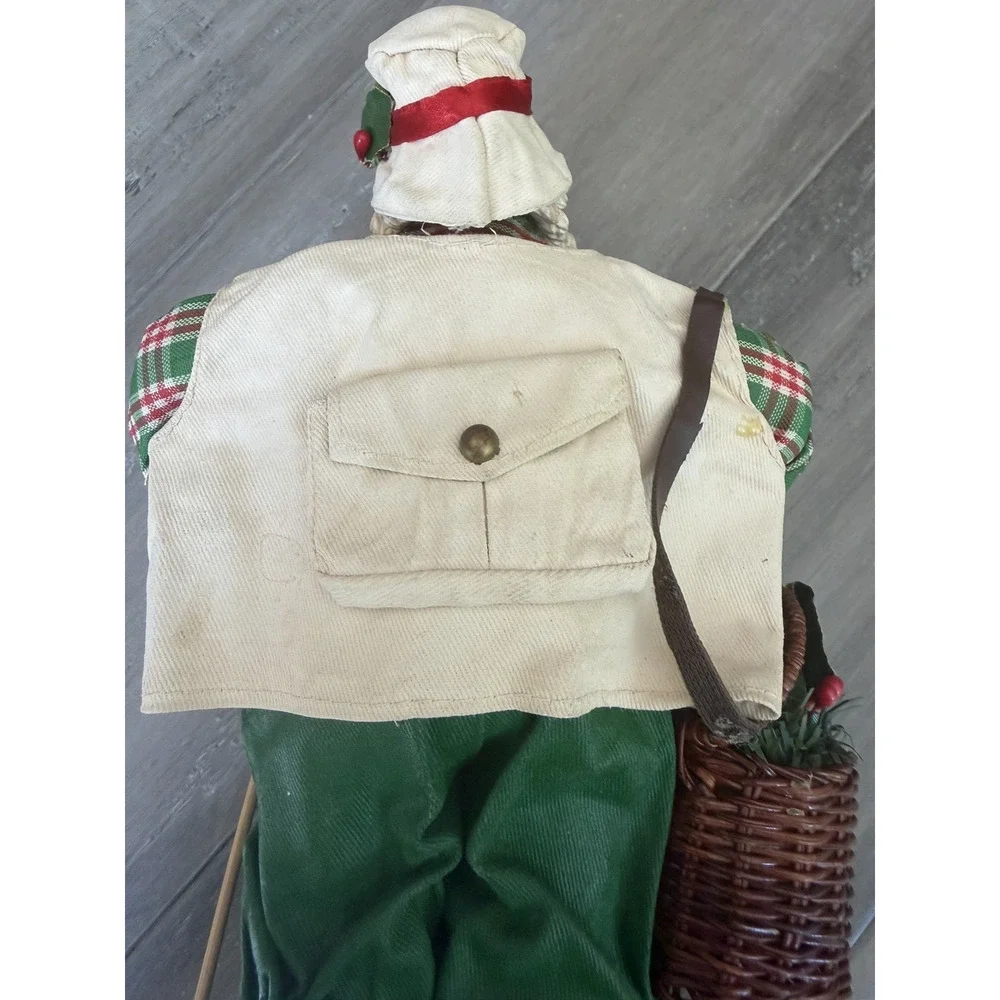 Vintage Fishing Christmas Santa Claus with Fishing Pole Figurine Fabric Mache